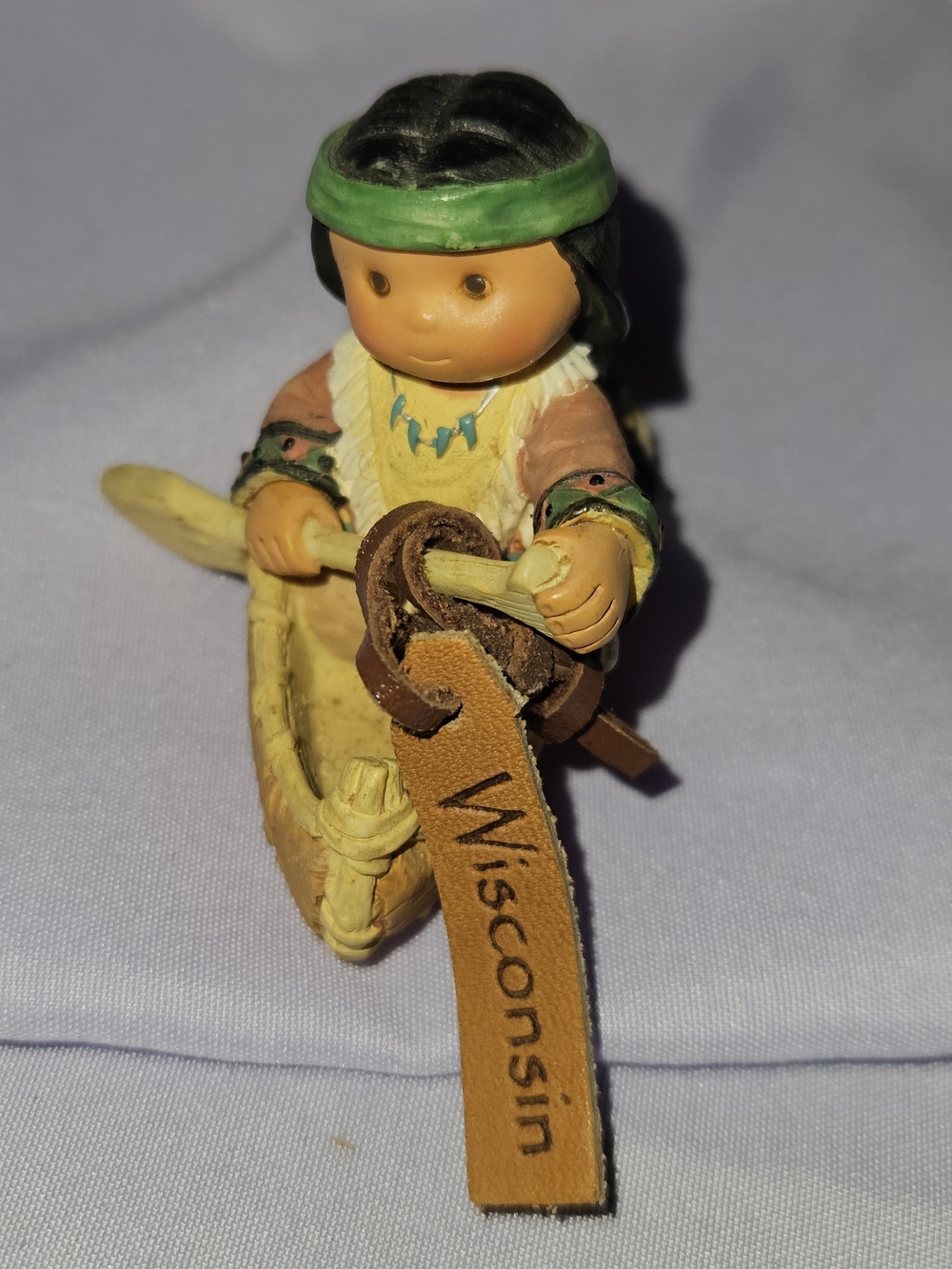 Enesco: Canoe Figurine with Leather Wisconsin Tag